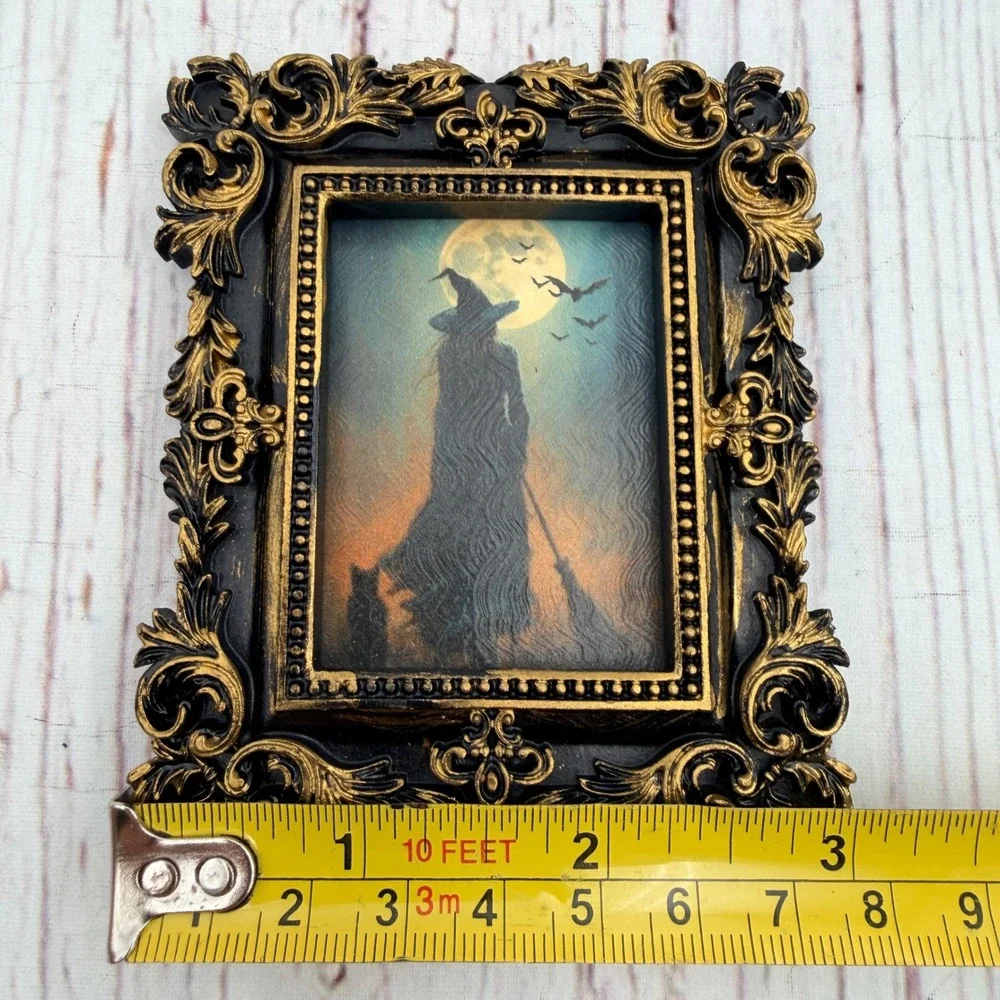 Miniature Gothic Witch Art Print Black Gold Ornate Baroque Resin Frame 4x3.25